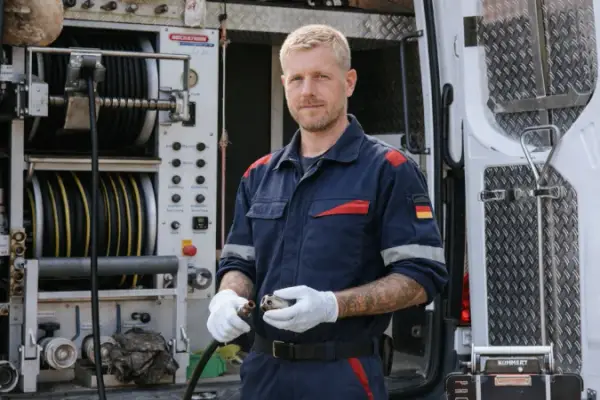 Fachmann vor Hochdruck-Rohrreinigungsfahrzeug mit professioneller Ausrüstung